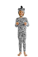 Child modeling a zebra Halloween costume on a white background